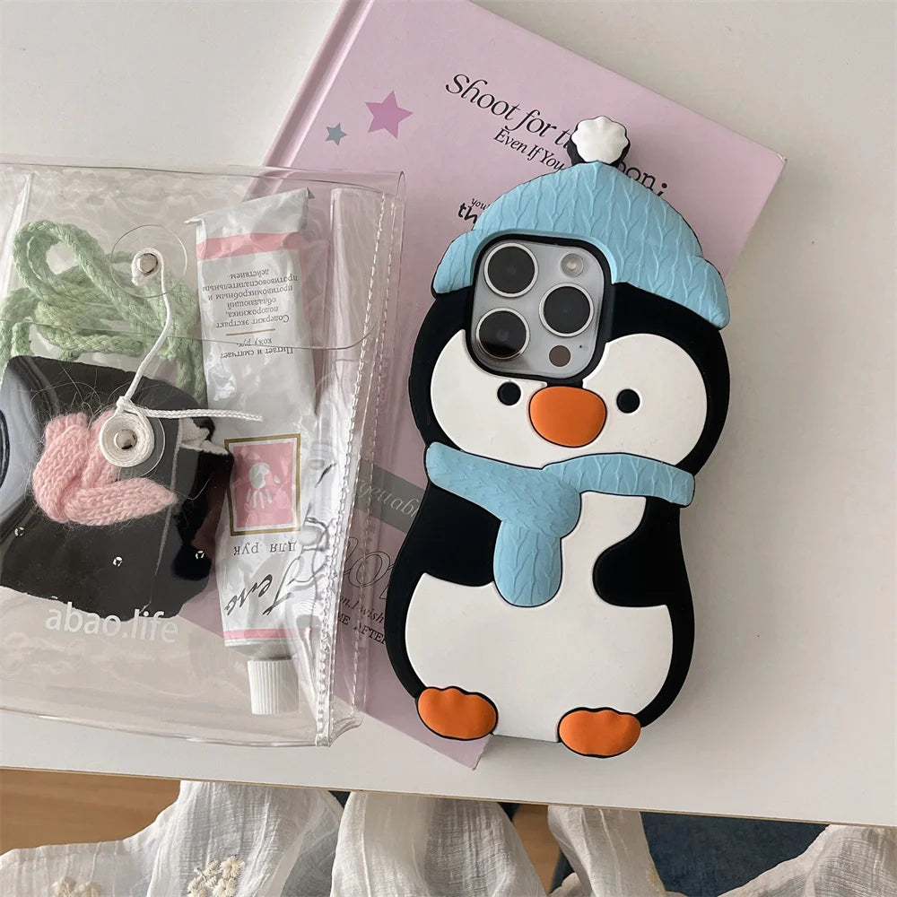 Cute Phone Cases For iPhone 16, 15, 14, 13, 11, 12 Pro Max - Funny 3d Plush Penguin and Puppy Silicone Cover - IC1021