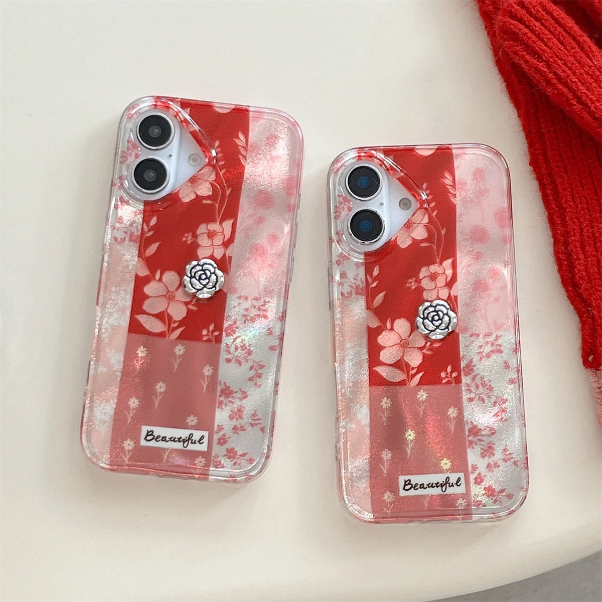 Cute Phone Cases for iPhone 16, 15, 14, and 13 Pro Max - 3D Rose, Splicing Lattice Cover - TSP442