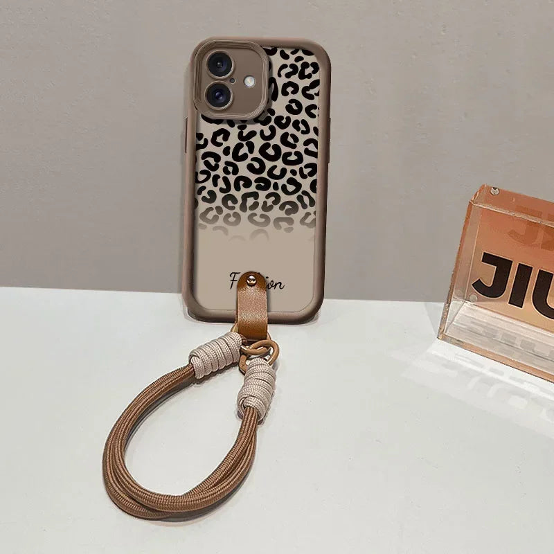 Cute Phone Cases For iPhone 7, 8 Plus, XR, XS Max, 11, 12, 13, 14, 15, and 16, including Pro and Pro Max models with Wrist Chain - Half Leopard Pattern - TSP491