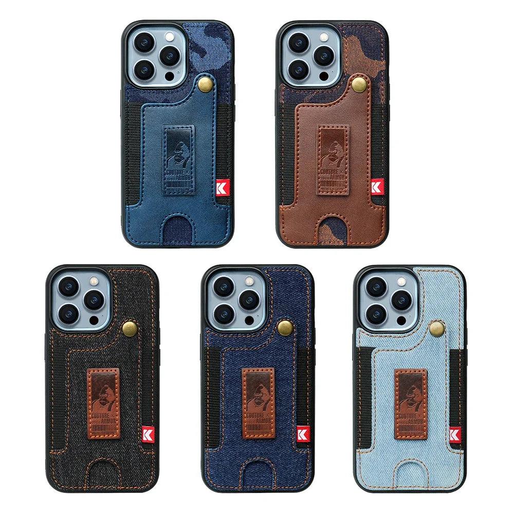 TSP81 Cute Phone Cases For iPhone 14 Pro Max, 13, and 12 Plus - With Card Pocket and Finger Holder - Denim Cover