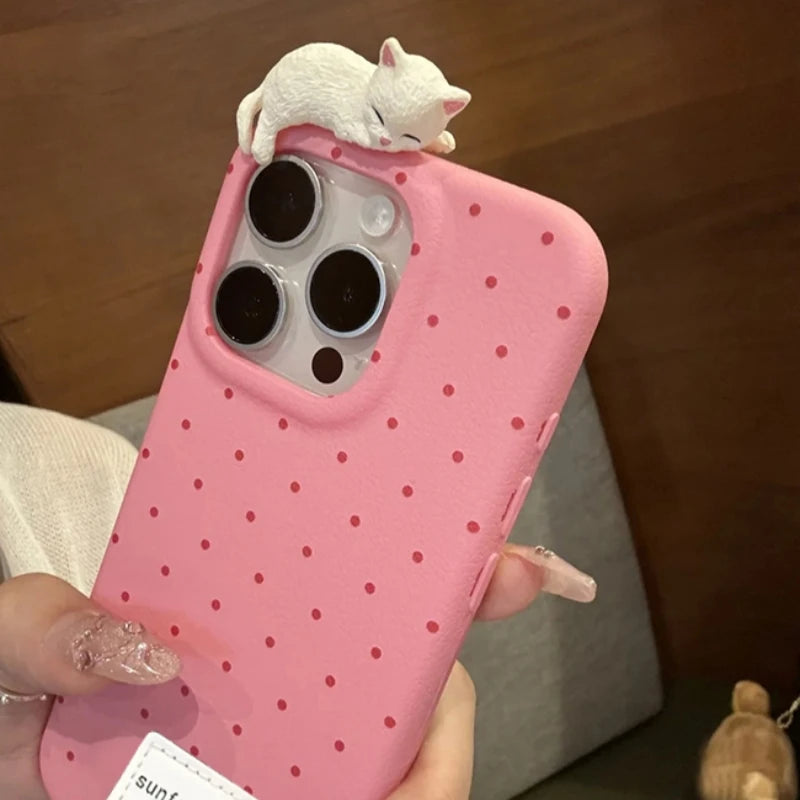 Cute Phone Cases for iPhone 16, 15, 14, 13, 12 Pro Max Plus - 3D Cat Polka Dot - TSP326