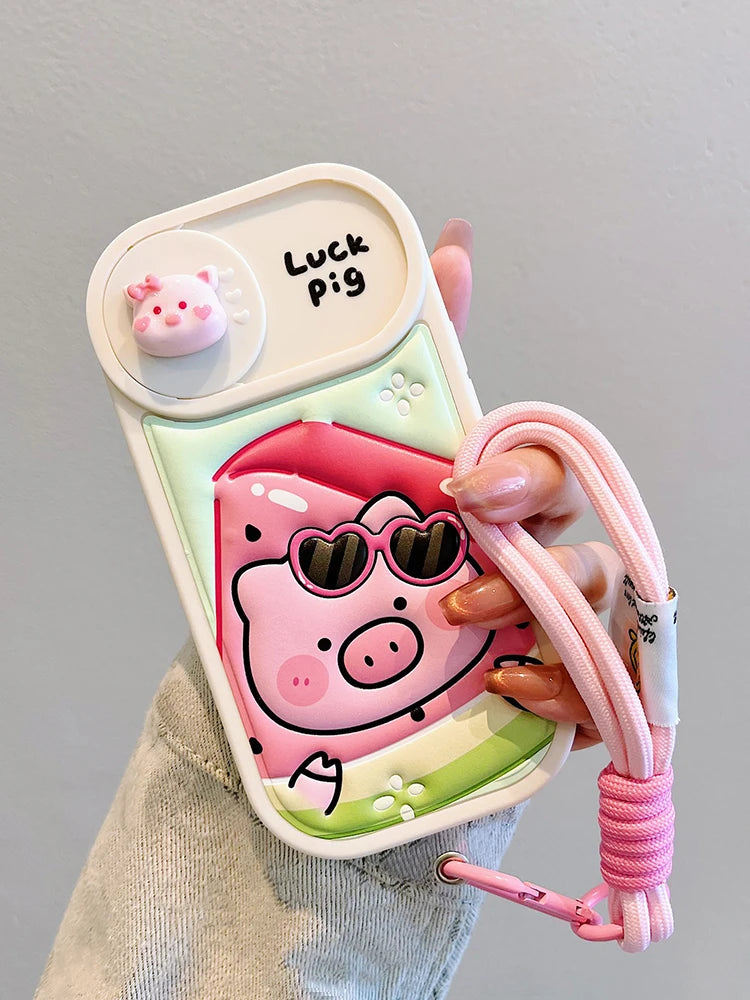 Cute Phone Cases: Cartoon Pig Lens Protector Case with Bracelet for iPhone 15/14/13/12 Pro Max - TSP314