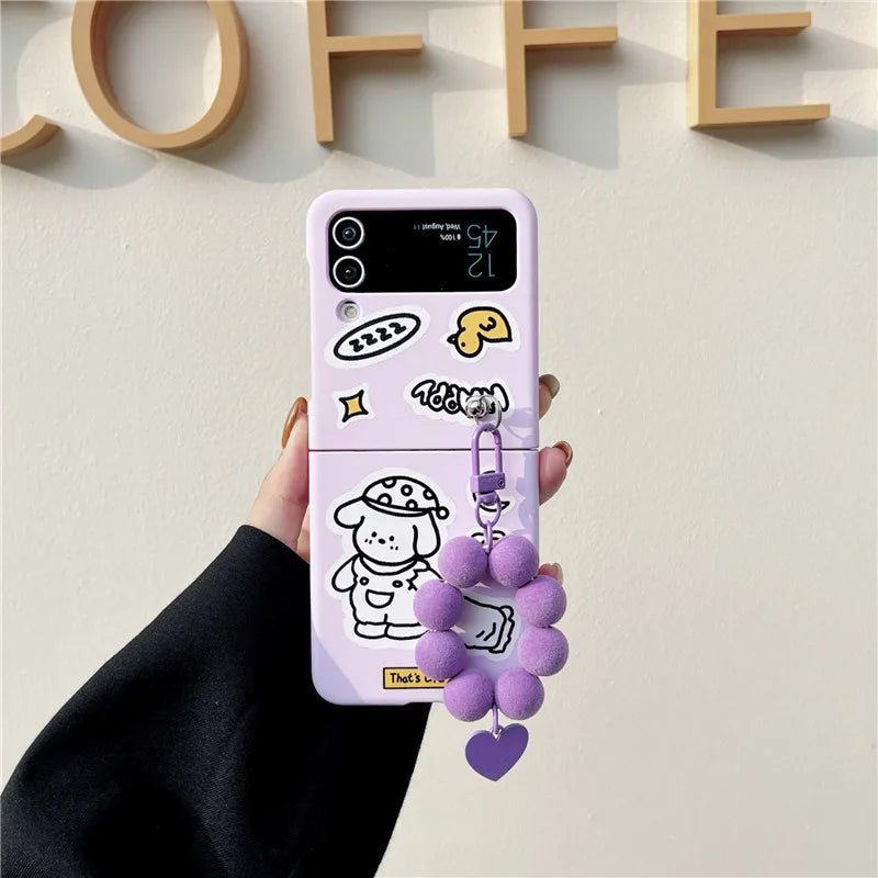 TSP76 Cute Phone Cases For Galaxy Z Flip 3 4 Flip4 5G - Cartoon Purple Cover With Lanyard