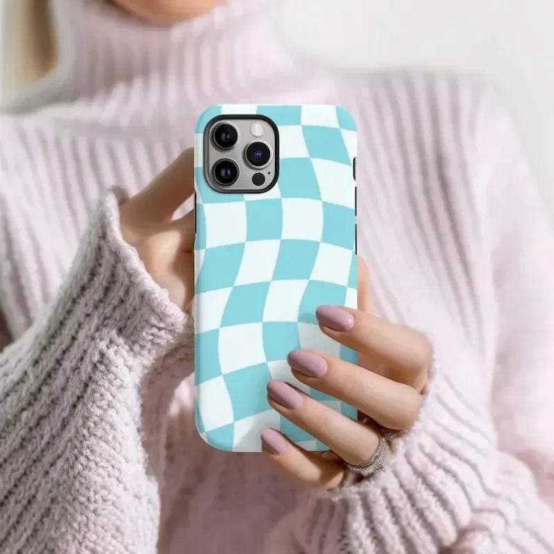 Cute Phone Cases For iPhone 16ProMax 15 14 13 12 11 PRO Plus - Blue Retro Wavy Checkered Pattern - Acrylic TPU Cover - Touchy Style