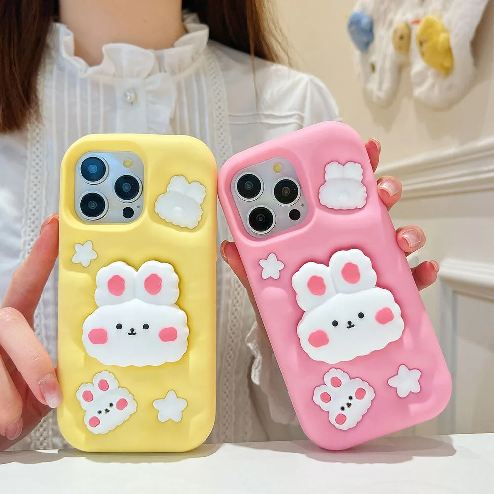 Cute Phone Cases - 3D Rabbit Folding Silicone Stand Cover for iPhone 15/14/13/12/11 Pro Max - TSP286