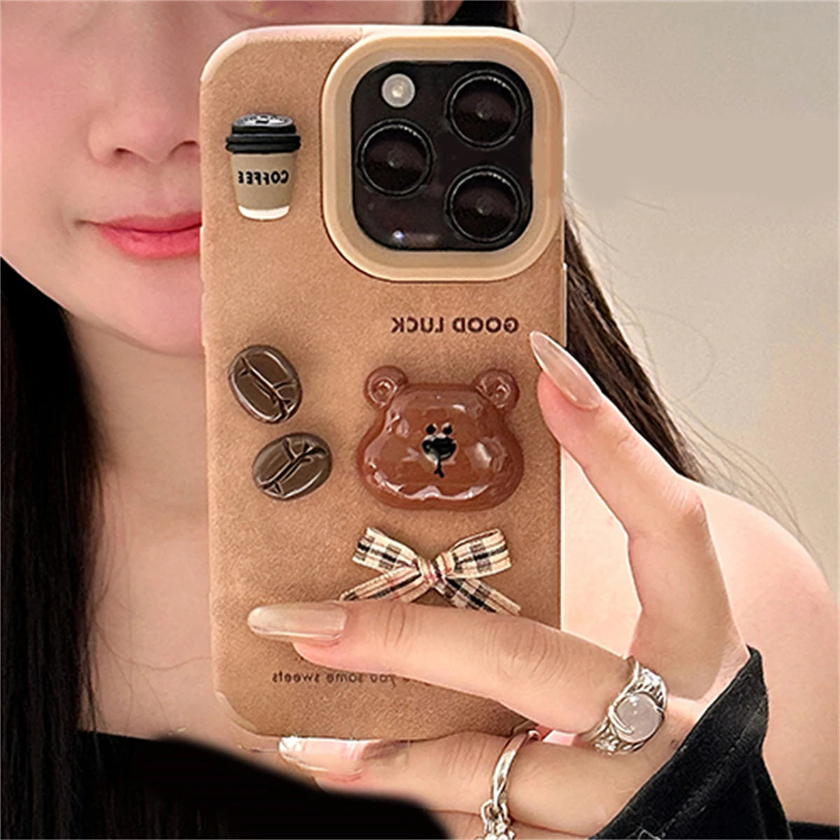 Cute Phone Cases For iPhone 13, 14, 15, and 16 Pro Max -  Cartoon 3D Bear, Coffee, and Bow Design - TSP444