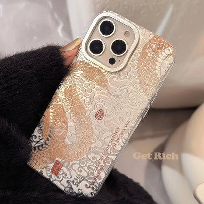 Cute Phone Cases - Chinese Electroplated Golden Snake Pattern - Auspicious Phone Case for iPhone 16 15 14 13 Pro Max Back Phone Cover