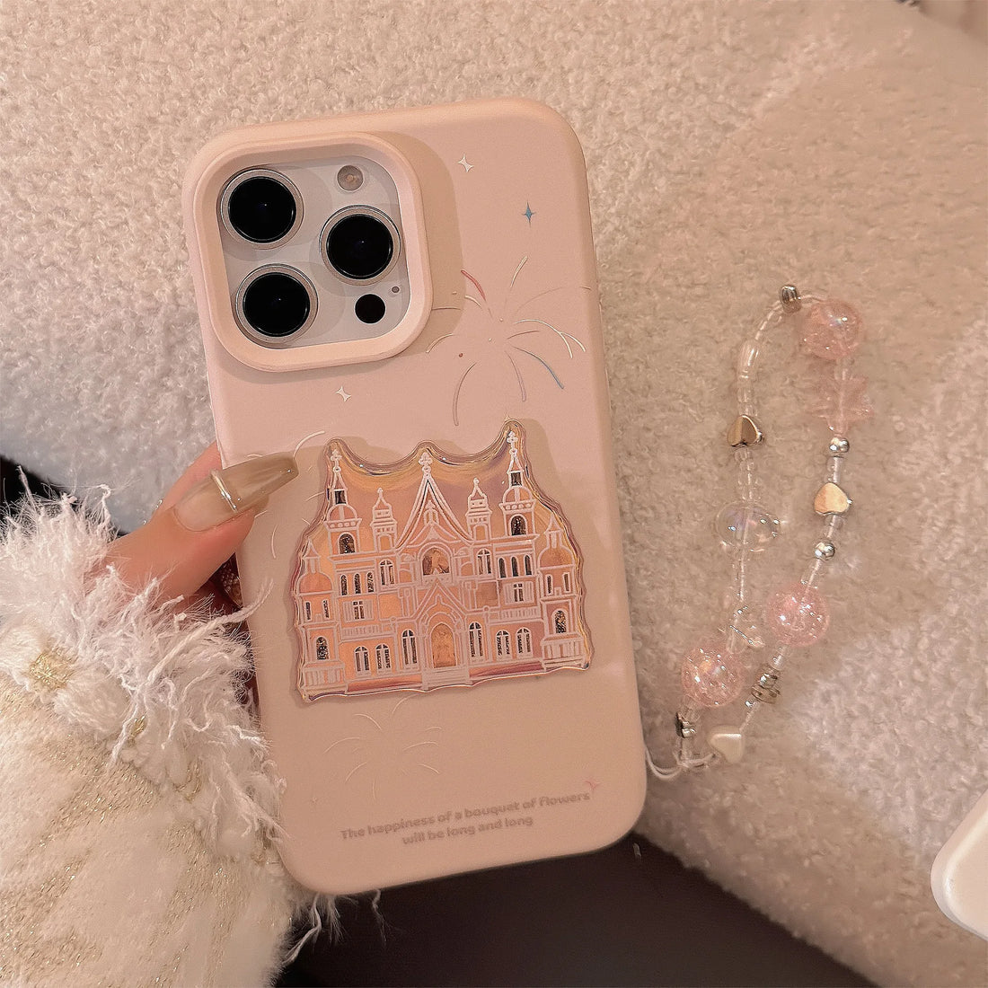 Cute Phone Cases For iPhone 16, 15, 14, 13, 12, 11 Pro Max - Pink Castle, Laser Art with Sweet Bracelet Pendant - IC1050