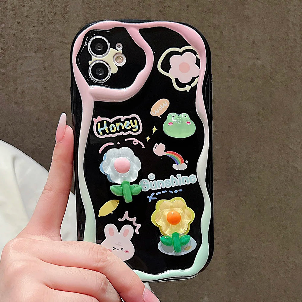 TSP181-B Cute Phone Cases For iPhone 15, 14, 13 Pro Max - With Cartoon Bracelet Chain, Transparent Cover