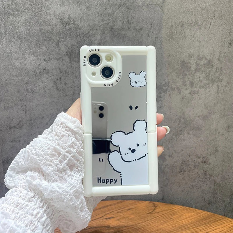 Cute Phone Cases - White Puppy Dog Makeup Mirror with Kickstand for iPhone 11-15 Pro Max - TSP297