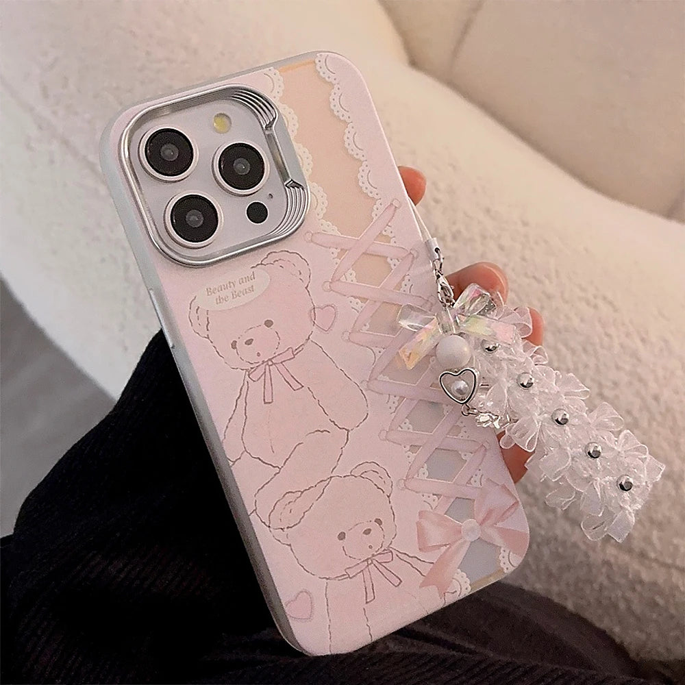 Cute Phone Cases For iPhone 15, 14, 13, 12 Pro Max, 14, 15 Plus, 11 - Cartoon Bear Bowknot Ribbon Pendant - PC5220 - Touchy Style