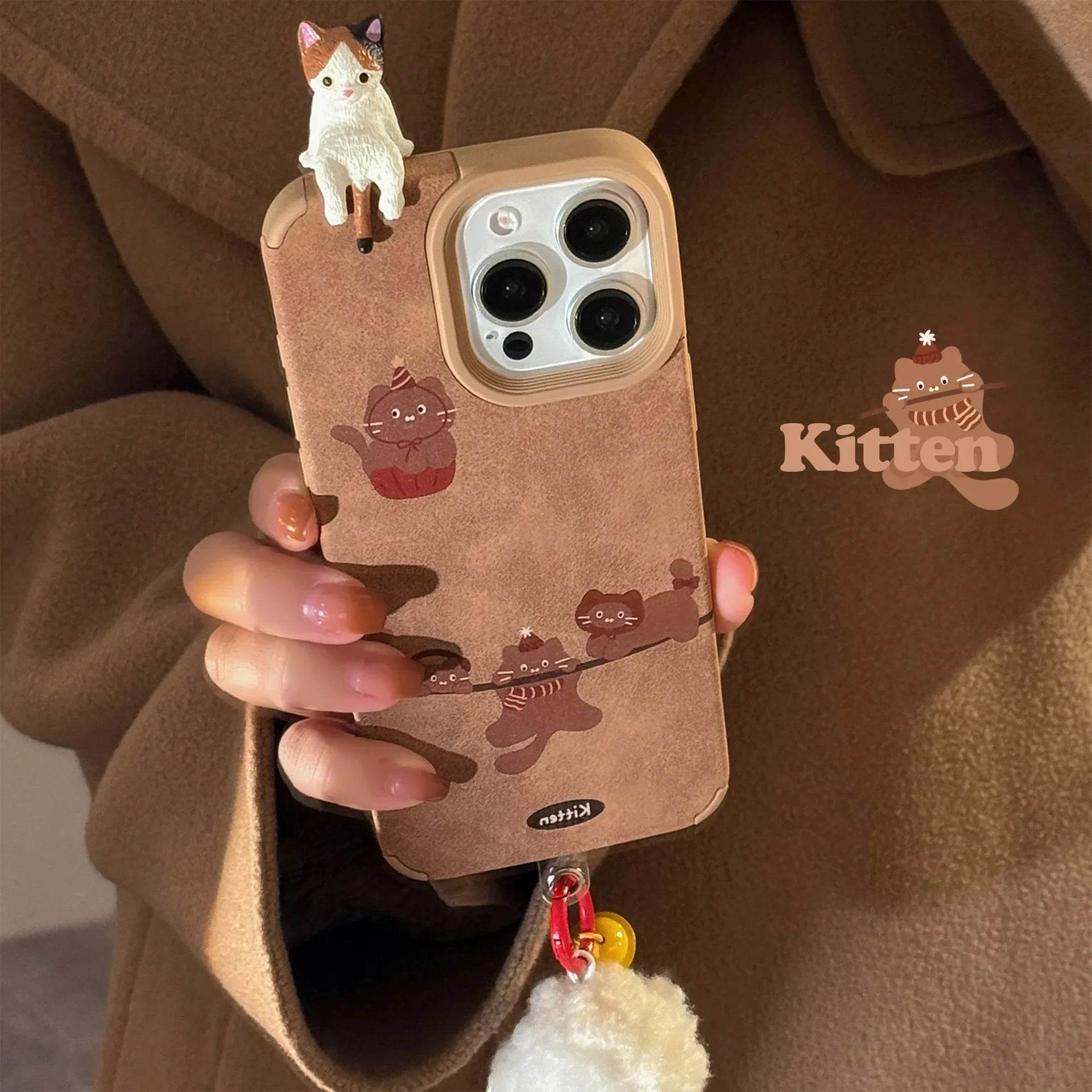 Cute Phone Cases For iPhone 16, 15, 14, 13, 12, 11 Pro Max - Kitten Cat Doll - Suede leather Cartoon Soft Cover - CC5140 - Touchy Style