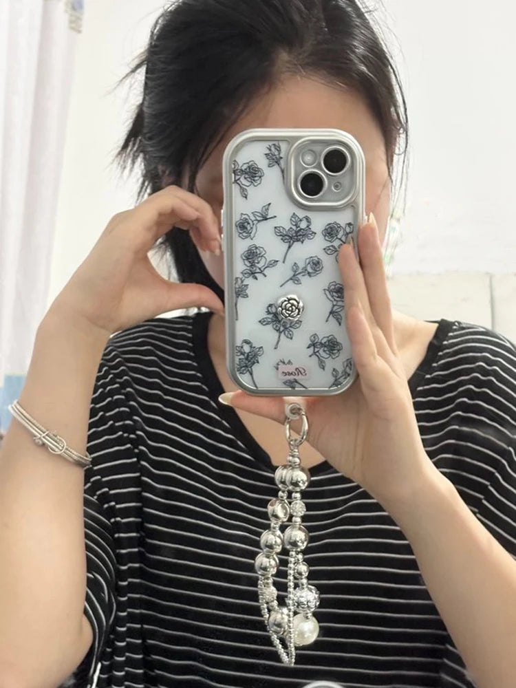 Cute Phone Cases: 3D Black Rose Flowers Silver Bumper Clear Back Cover for iPhone 11-15 Pro Max - TSP312