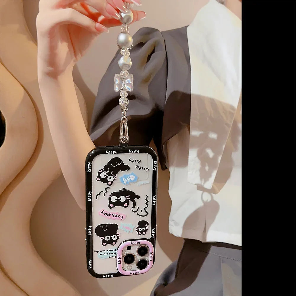 Cute Phone Cases For iPhone 16, 15, 14, 13, 12, 11 Pro Max, Xr, 16 Plus - Funny Black Cat Cartoon Cover with Wristchain - IC9420 - Touchy Style