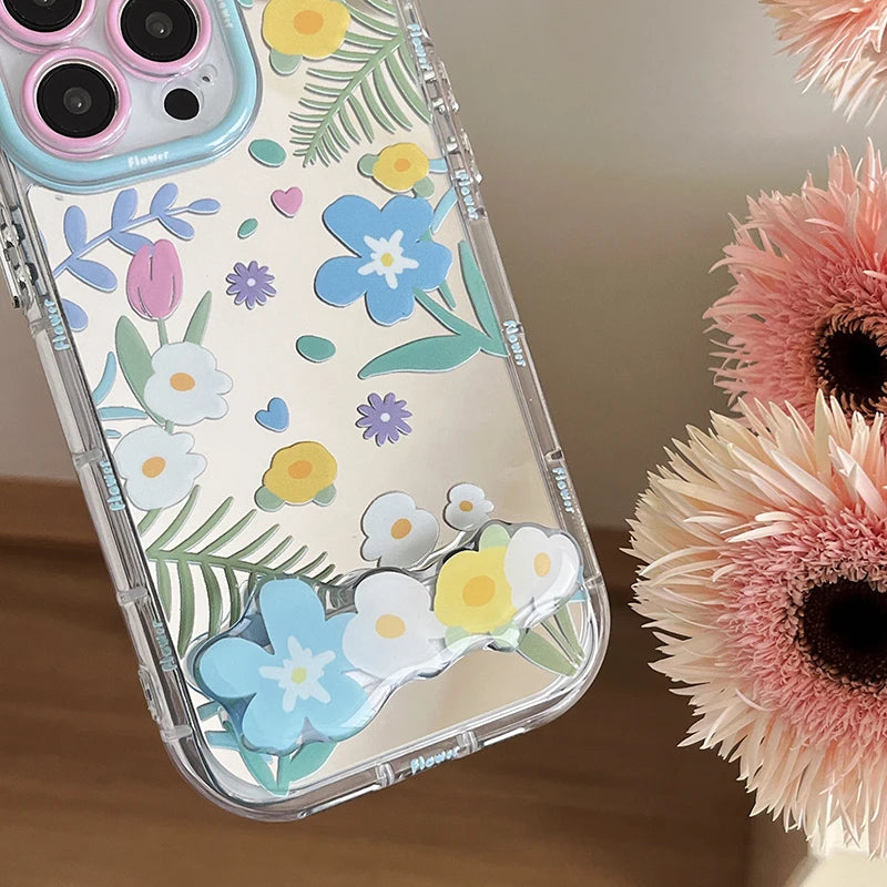 Cute Phone Cases - Floral Makeup Mirror with Stand for iPhone 15/14/13/12 Pro Max - TSP287