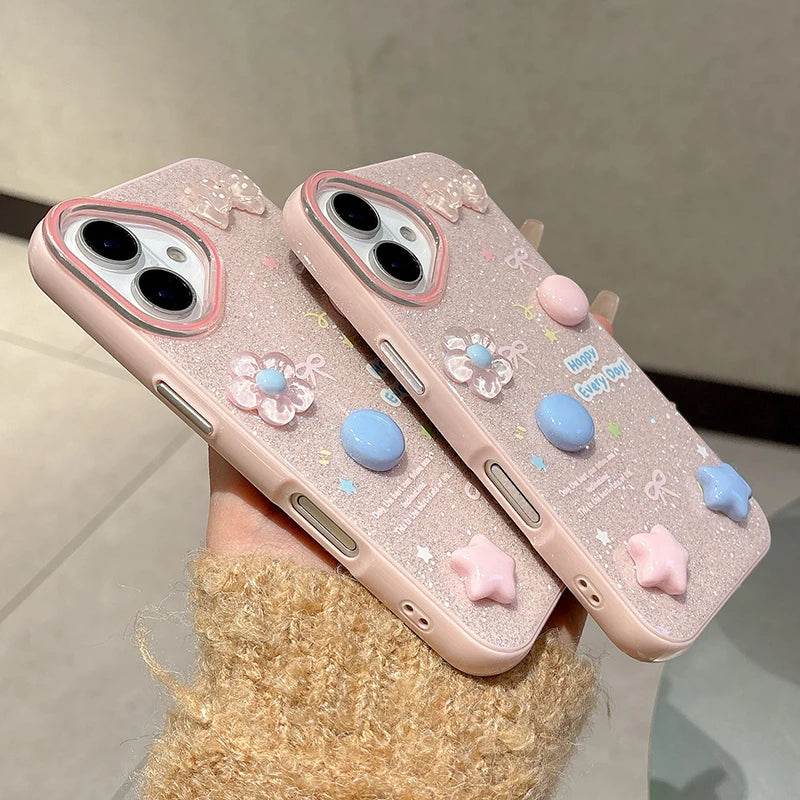 Cute Phone Cases For iPhone 16 Pro Max, 15, 14, 13 - 3D Stars Flowers Shining Back Cover Shell - PC1121 - Touchy Style