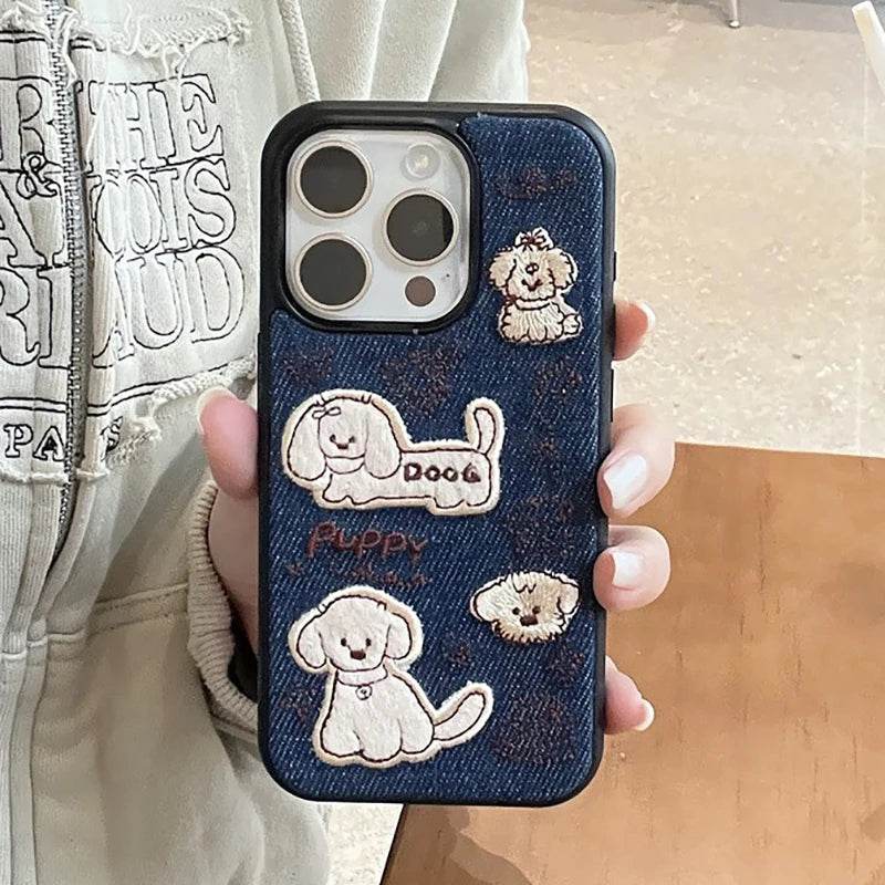 Cute Phone Cases For iPhone 16 Pro Max, 15, 13, 14, 12, 11 - Cartoon Embroidered Dog - Fabric Back Cover - PC9410 - Touchy Style