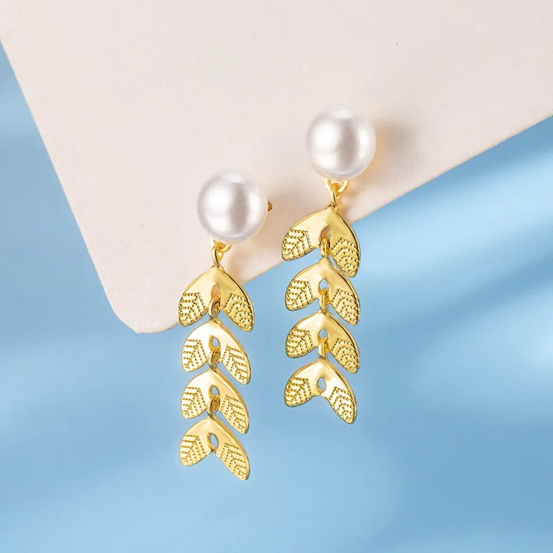 Drop Earrings Charm Jewelry - Golden Leafs with Pearl - TSJ139