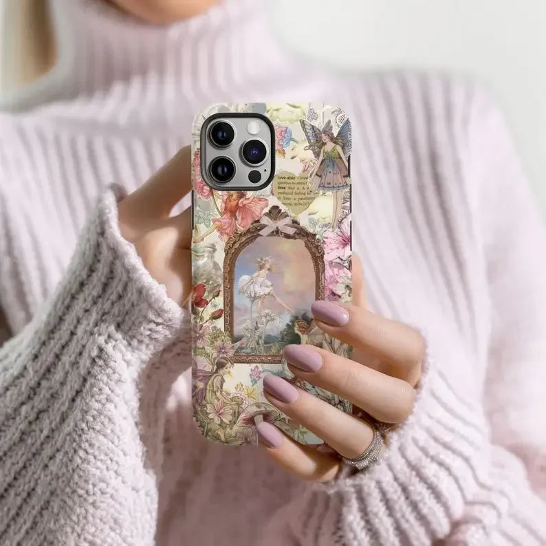 Cute Phone Cases For iPhone 16, 15PRO MAX, 14, 13, 12, 11 PRO, 11 Plus - Vintage Fairy Garden Collage - Acrylic TPU Cover - PC8401 - Touchy Style