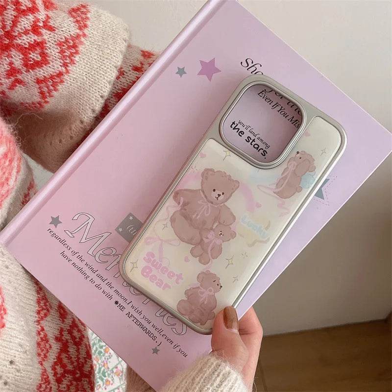 Cute Phone Cases For iPhone 16, 15, 14, 13 Pro Max - Silver Border, Cartoon Fairy Pink Bow Bear - Drip Glue Cover - CC0440 - Touchy Style