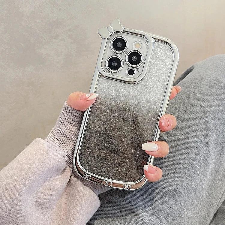 Cute Phone Cases For iPhone 11, 12, 13, 14, or 15 Pro Max - Plating Silver Bowknot - Transparent Cover - TSP257