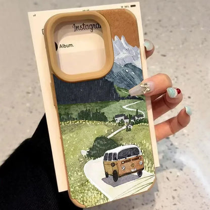 Cute Phone Cases For iPhone 11 12 13 14 15 16 Pro Max Plus XS X XR - Drive Travel Landscape Pattern - Leather Bumper Cover