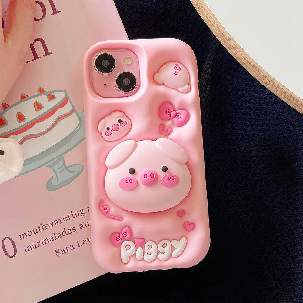 Cute Phone Cases for iPhone 15 Pro Max, 14, 13, 12, and 11 - Funny Pig Piggy, Telescopic Bracket - TSP284