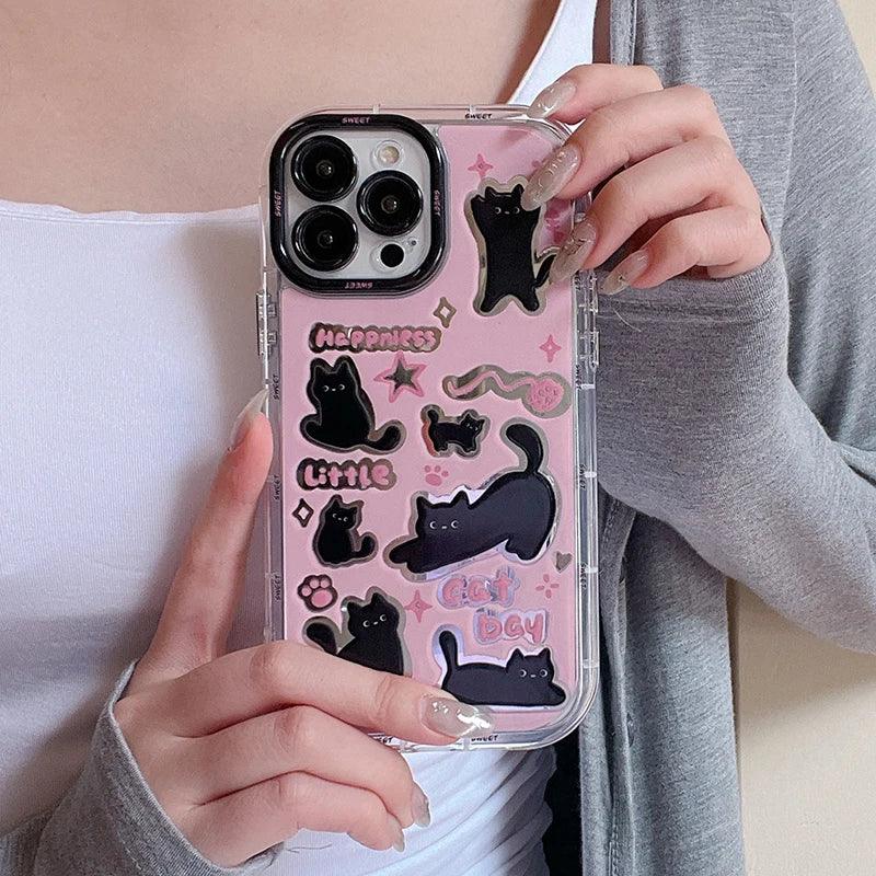 Cute Phone Cases for iPhone 15, 14, 13, 12, and 11 Pro Max - Black Cat - Acrylic Mirror - TSP280