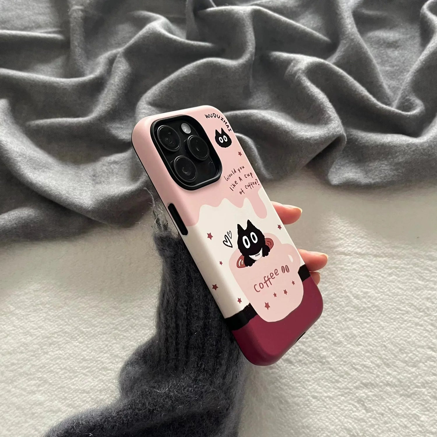 Cute Phone Cases For iPhone 16 15PRO MAX 14 13 12 11 PRO Plus 15pro - Cartoon Coffee Black Cat Pattern - Acrylic TPU Cover