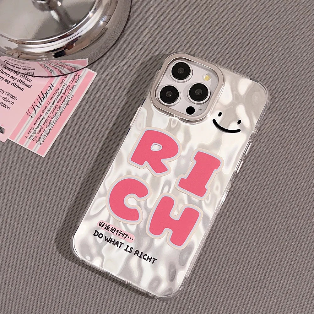 Cute phone Cases For iPhone 15, 14, 13, 12 Pro Max, 15 14 Plus - Pink Good Luck Rich Letters, Water Ripple Art Cover - IC7011