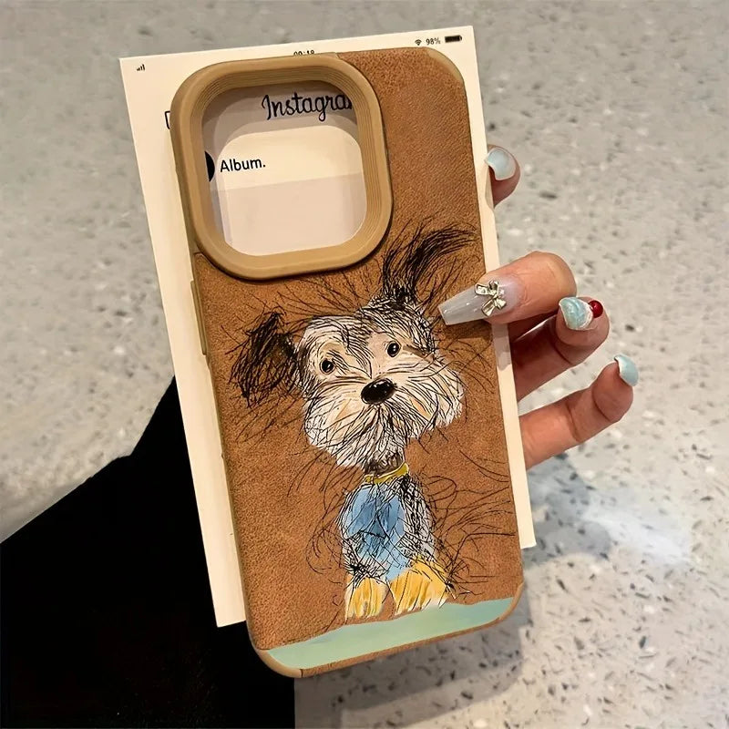 Cute Phone Cases For iPhone 11 12 13 14 15 16 Pro Max XS X XR 16 Plus - Dog Cat Suede Pattern - Leather Bumper Cover - Touchy Style