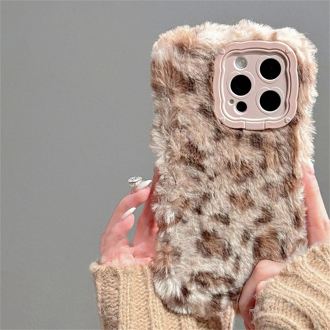 Cute Phone Cases for iPhone 16, 15, 14, or 13 Pro Max - Fluffy Plush Leopard Print - TSP439