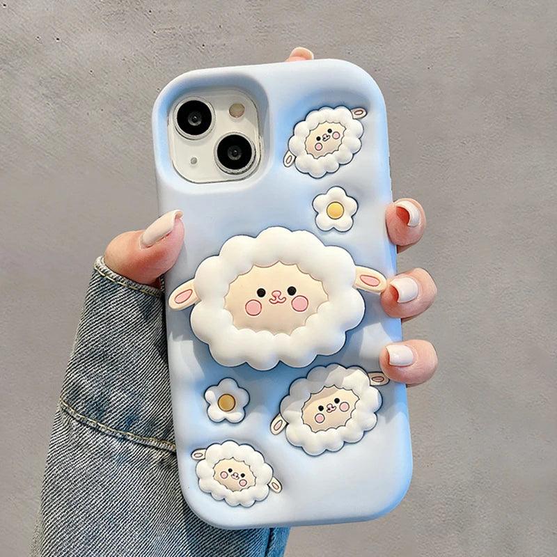 Cute Phone Cases For iPhone 15, 13, 14, 12 Pro Max, 11, and 14 Pro Max - White Sheep - Folding Stand Holder  - TSP253