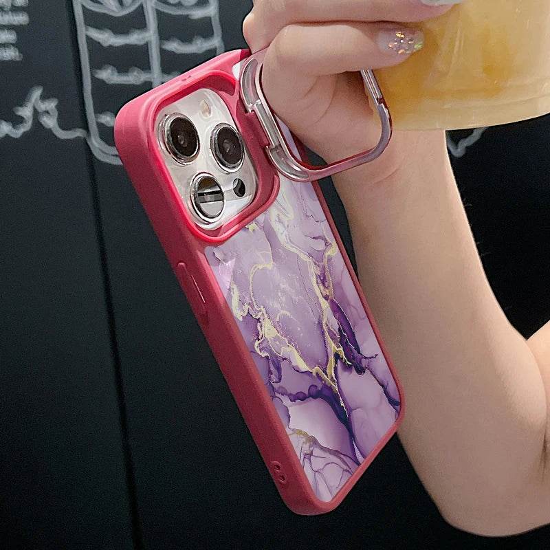 Cute Phone Cases For iPhone 16, 15 Pro Max, 14, 15 Plus, 13, 12 Pro Max, 11 - Lens Frame Holder - Purple Marble Printed Cover - PC6120 - Touchy Style