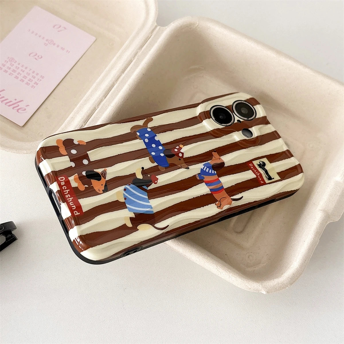 Cute Phone Cases For iPhone 16, 15, 14, 13, 12 Pro Max - Cartoon Dachshund Dog - Stripes 3D Wavy Soft Cover - PC5520