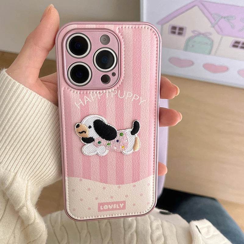 Cute Phone Cases For iPhone 16, 15, 13, 14 Pro Max - Pink Cartoon Dog Puppy - Soft Leather Cover - PC4421 - Touchy Style