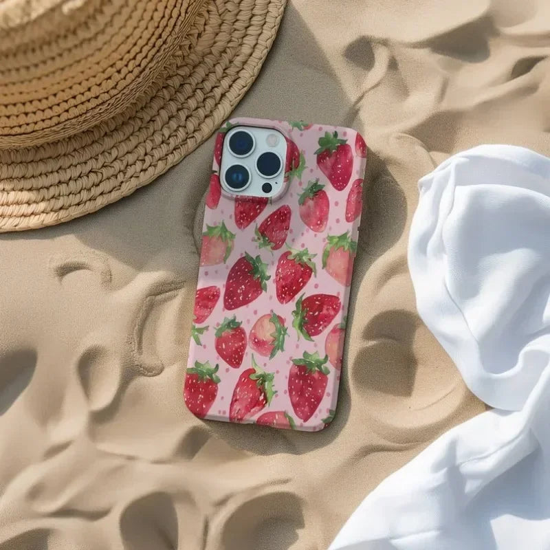 Cute Phone Cases For iPhone 16ProMax 15 14 13 12 11 PRO Plus - Watercolor Strawberry Pattern - Acrylic TPU Cover