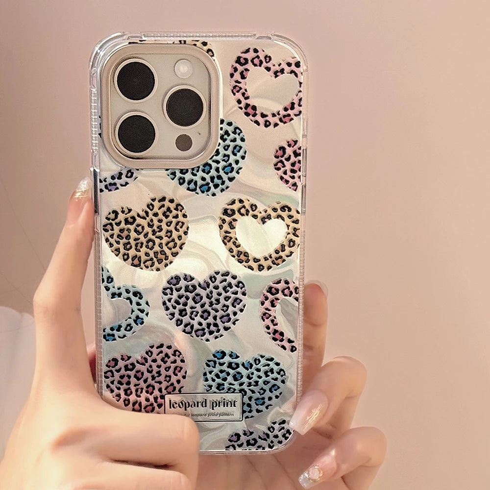 Cute Phone Cases: Leopard Print Love Heart IMD Silicone for iPhone 12-15 Pro Max - TSP299