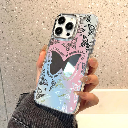 Cute Phone Cases: Lovely Butterfly Silver Mirror Back Cover with Cat Ears for iPhone 11-15 Pro Max - TSP288