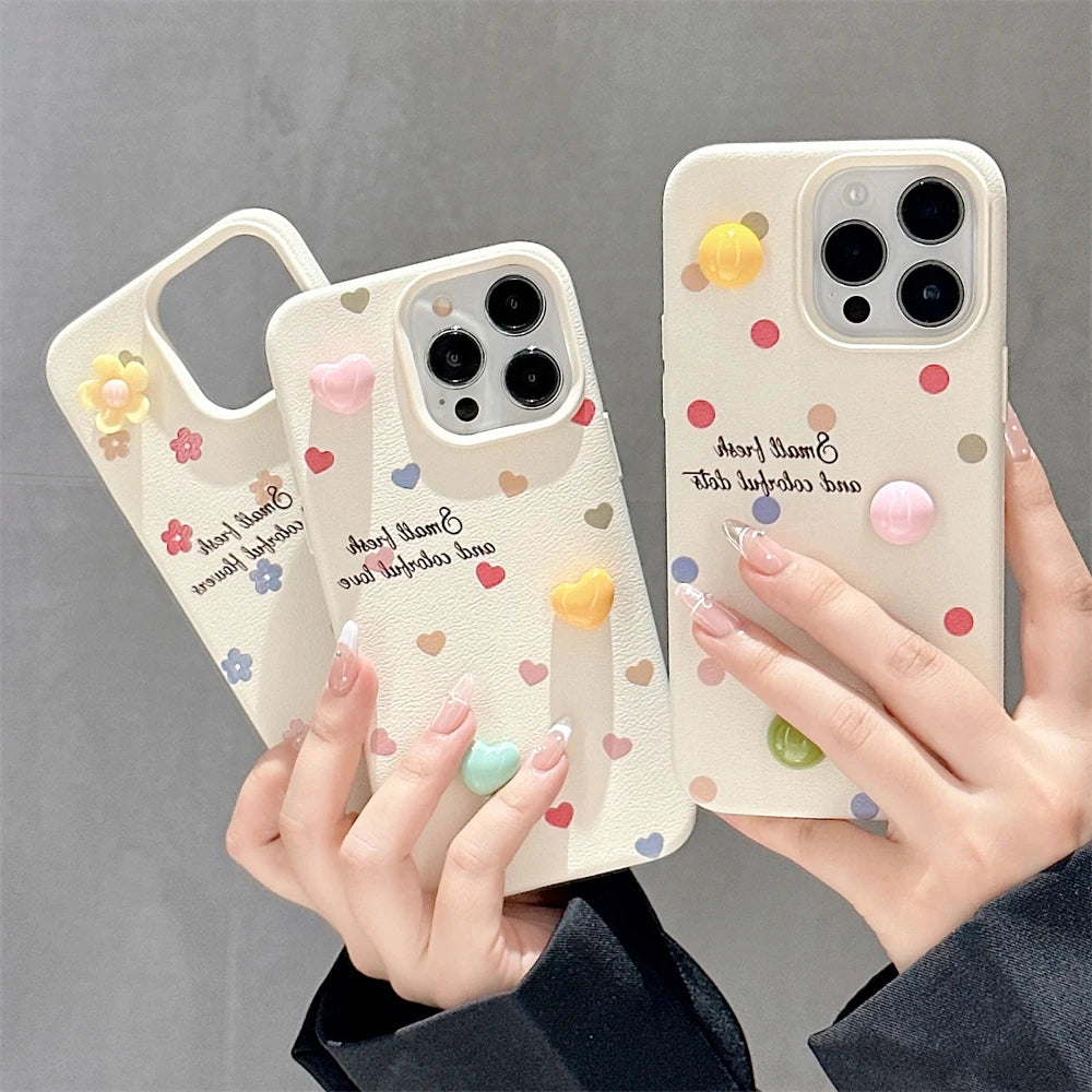 Cute Phone Cases for iPhone 15, 14, 13, 12, and 11 Pro Max - 3D Hearts &amp; Flowers - Leather Cover - TSP334