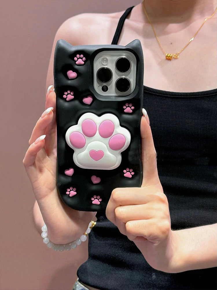 Cute Phone Cases: 3D Cat Paw Silicone Case with Stand for iPhone 15/14/13/12 Pro Max - TSP310