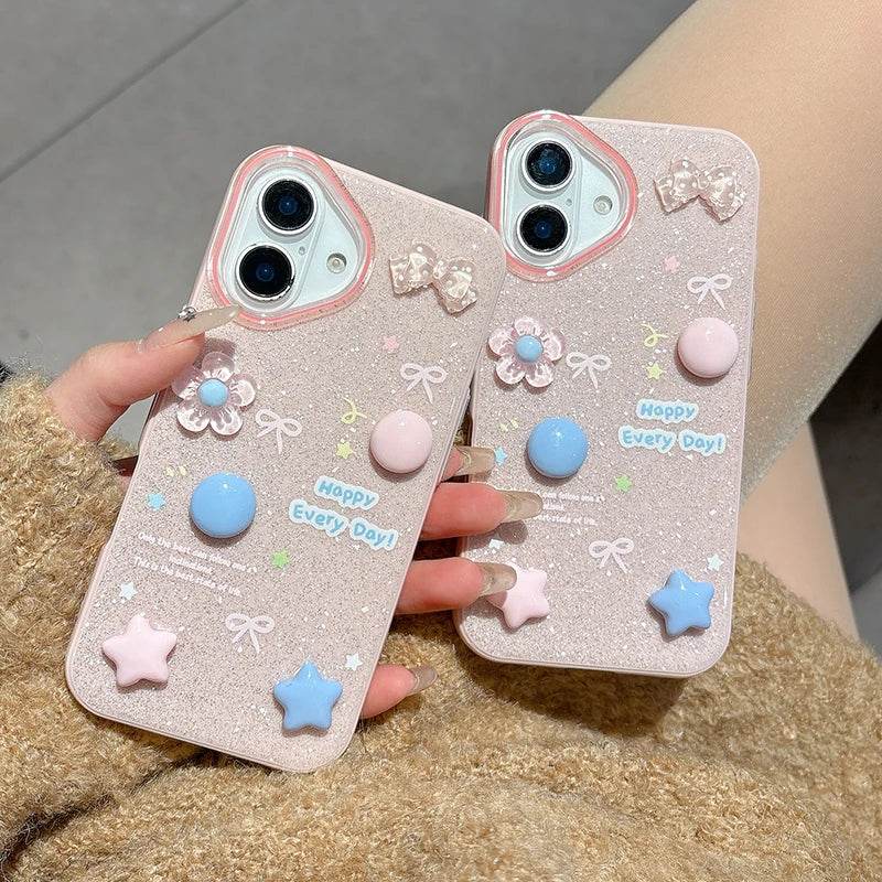 Cute Phone Cases For iPhone 16 Pro Max, 15, 14, 13 - 3D Stars Flowers Shining Back Cover Shell - PC1121 - Touchy Style