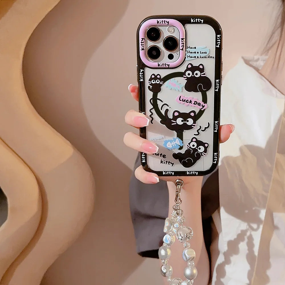 Cute Phone Cases For iPhone 16, 15, 14, 13, 12, 11 Pro Max, Xr, 16 Plus - Funny Black Cat Cartoon Cover with Wristchain - IC9420