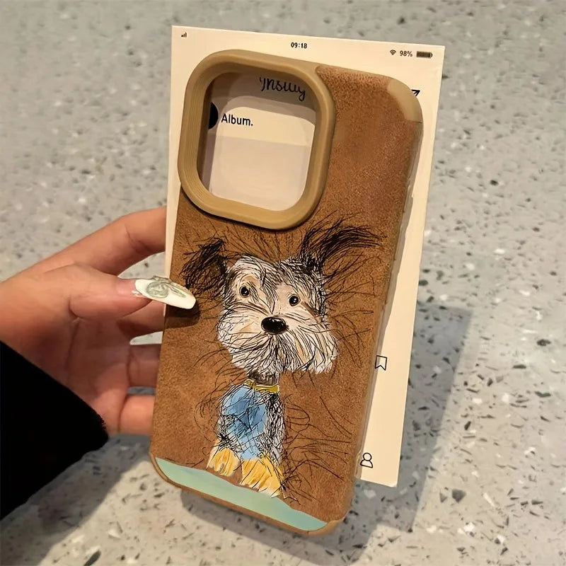 Cute Phone Cases For iPhone 11 12 13 14 15 16 Pro Max XS X XR 16 Plus - Dog Cat Suede Pattern - Leather Bumper Cover - Touchy Style