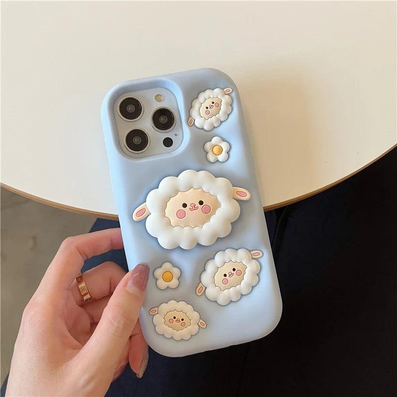 Cute Phone Cases For iPhone 15, 13, 14, 12 Pro Max, 11, and 14 Pro Max - White Sheep - Folding Stand Holder  - TSP253