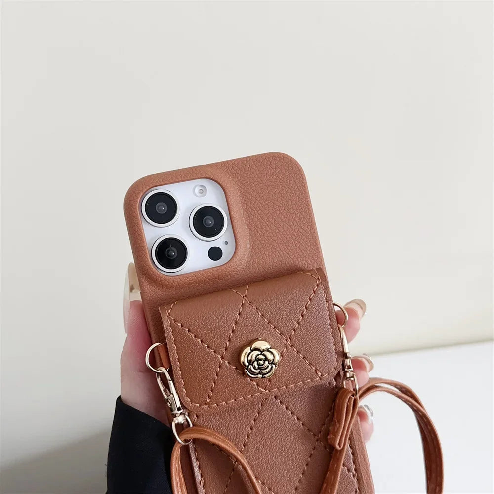 Cute Phone Cases for iPhone 16 Pro Max, 15, 14 Plus, 13, 12, 11, XS, XR, X - Crossbody Lanyard Leather Cover - PC02