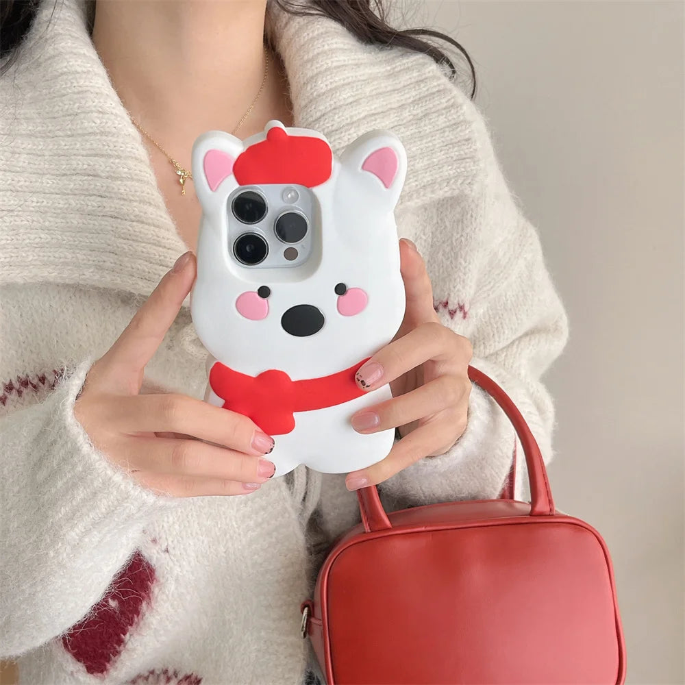 Cute Phone Cases For iPhone 16, 15, 14, 13, 11, 12 Pro Max - Funny 3d Plush Penguin and Puppy Silicone Cover - IC1021