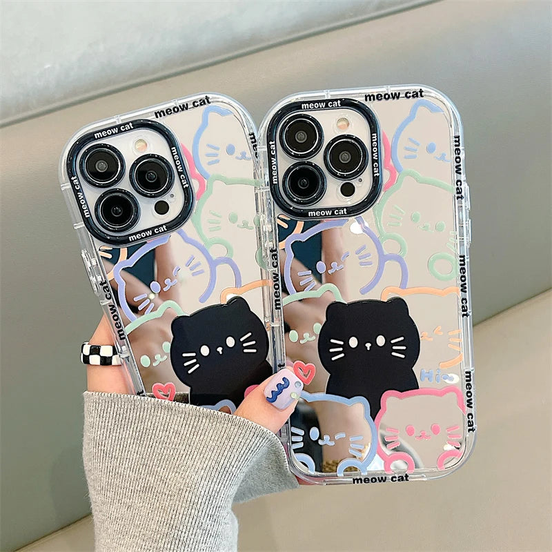 Cute Cat Plating Mirror Painted Lines Phone Case for iPhone 11, 12, 13, 14, 15 Pro, and Pro Max