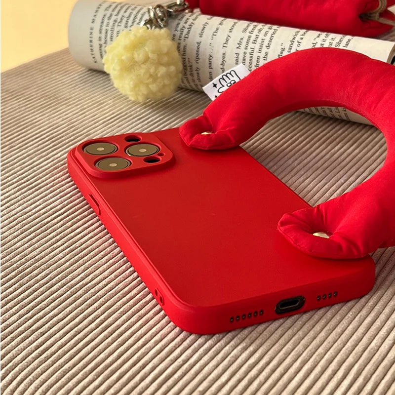 Cute Phone Cases for iPhones 16, 15, 14, 13, 12, 11, Pro Max, 7, 8 Plus, and Xs XR with Puff Wrist Chain - Candy Red Solid Color - TSP490