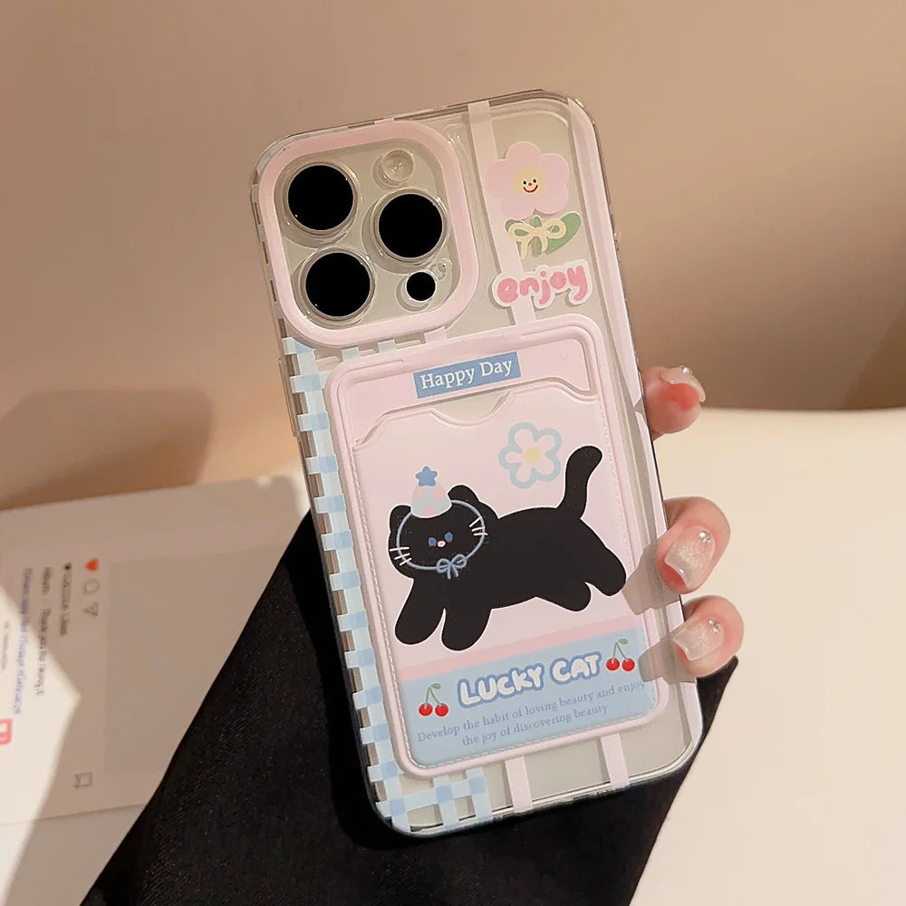 Cute Phone Cases For iPhone 16, 15, 14, 13, 12 Pro Max, Xr, 15 Plus - Cherry Party Black Cat Cartoon Cover - IC5190